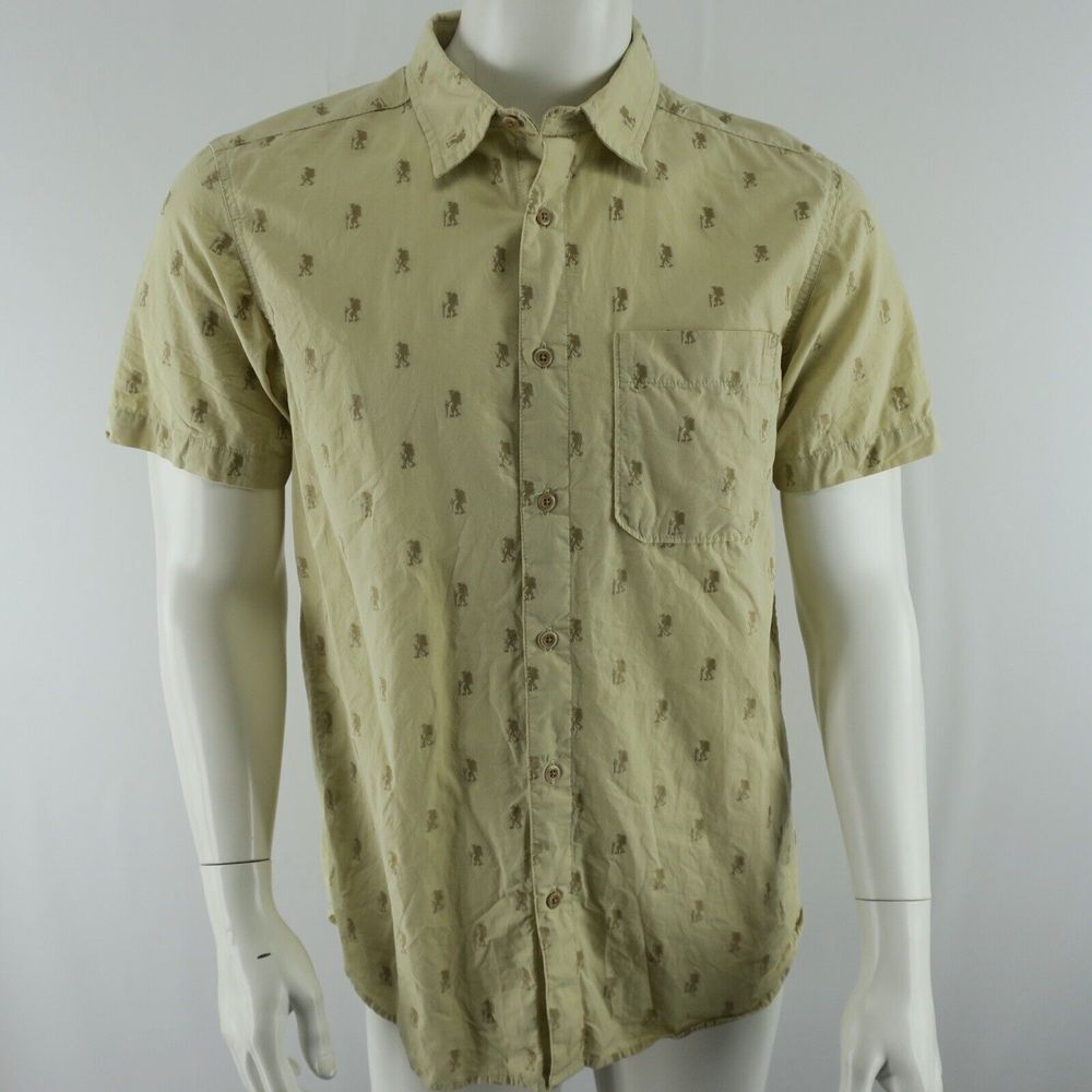 The North Face Short Sleeve Button Up Shirt Hiking Man Print Mens Medium‎ Khaki